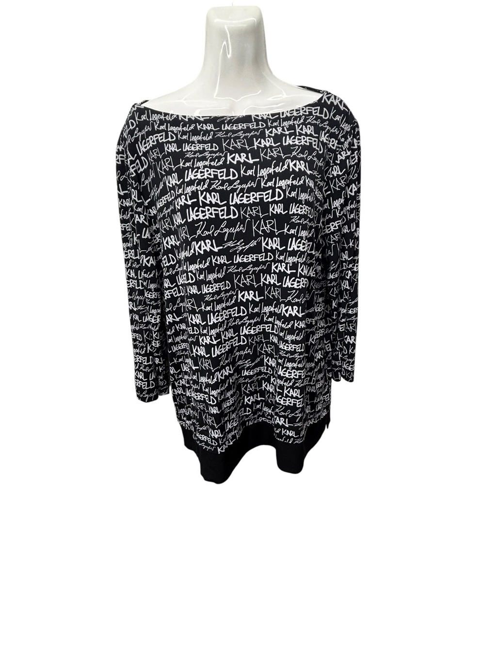 Karl Lagerfeld Paris Women L Graffiti Script Logo Boat Neck Tunic Top Black